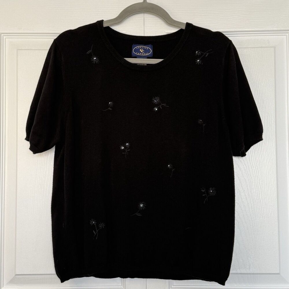 Chelsea Cambell Black Embellished Short Sleeve Pullover Sweater Women’s Size XL